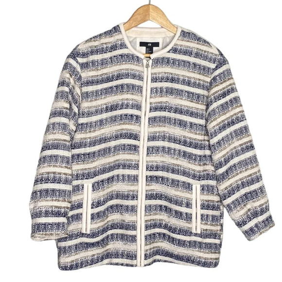 ✨NWT H&M Cream Blue Gold Striped Textured Weave Boucle Zip Front Jacket Size 6 - Picture 2 of 12